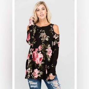 Floral Cold Shoulder Top - Black and Pink